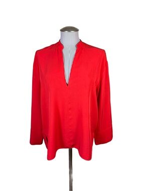 Zara Flowy Deep Slit V-Neck Blouse Tunic Top L Red Orange Wide Sleeve Shirt